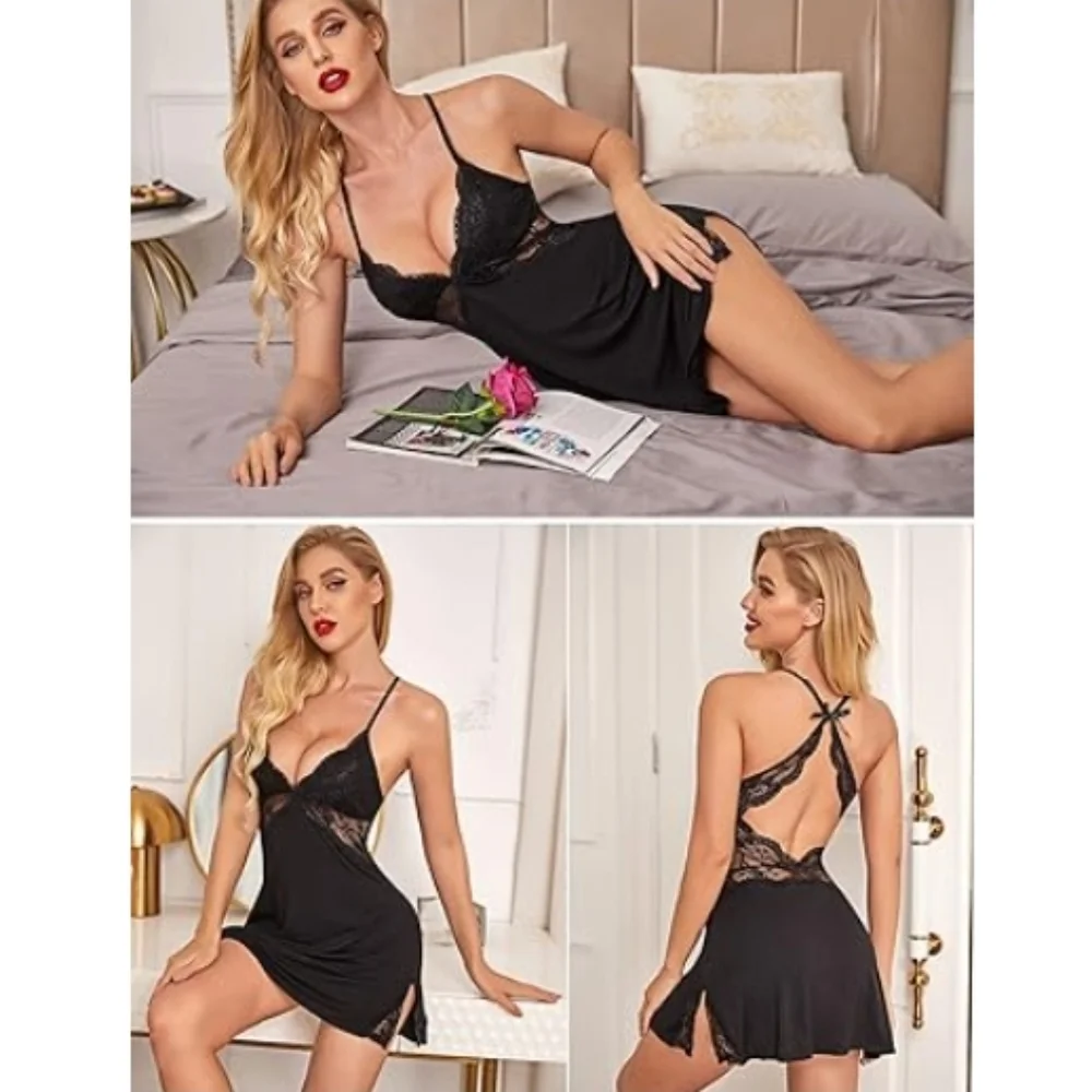 Nightie Lingerie Lace Chemise Sleepwear Babydoll Teddy Nighty Dull Black - Picture 3 of 7